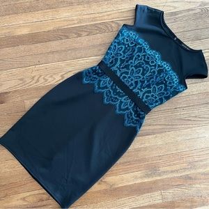 Tadashi Shoji Starry Night Black/Teal Sequin Lace Detail Dress Size 4